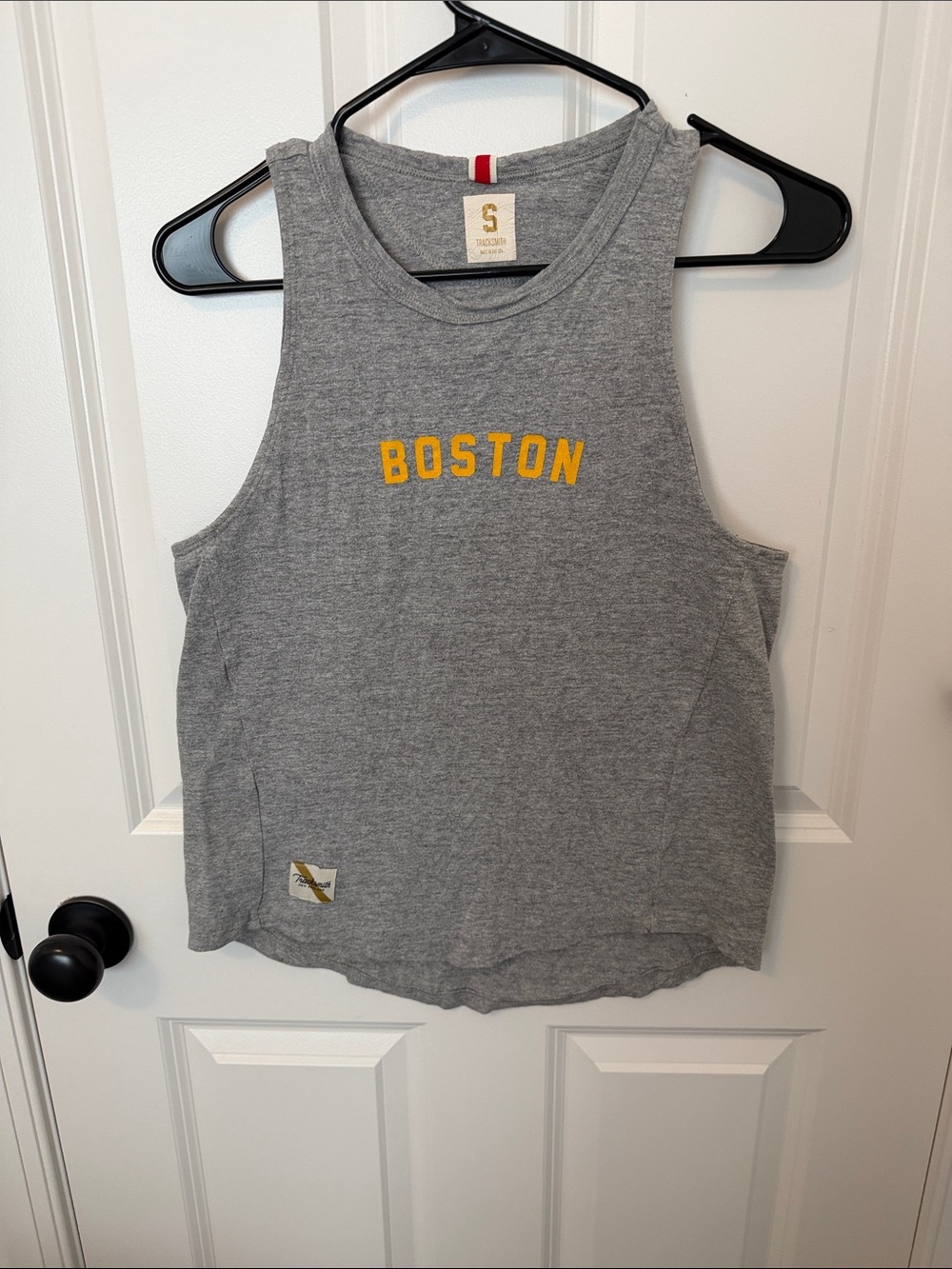 Tracksmith Gray Tank with Yellow "BOSTON" Print